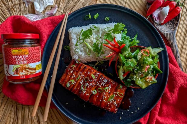 Char Siu Tofu with Fragrant Rice & Spicy Cucumber Salad